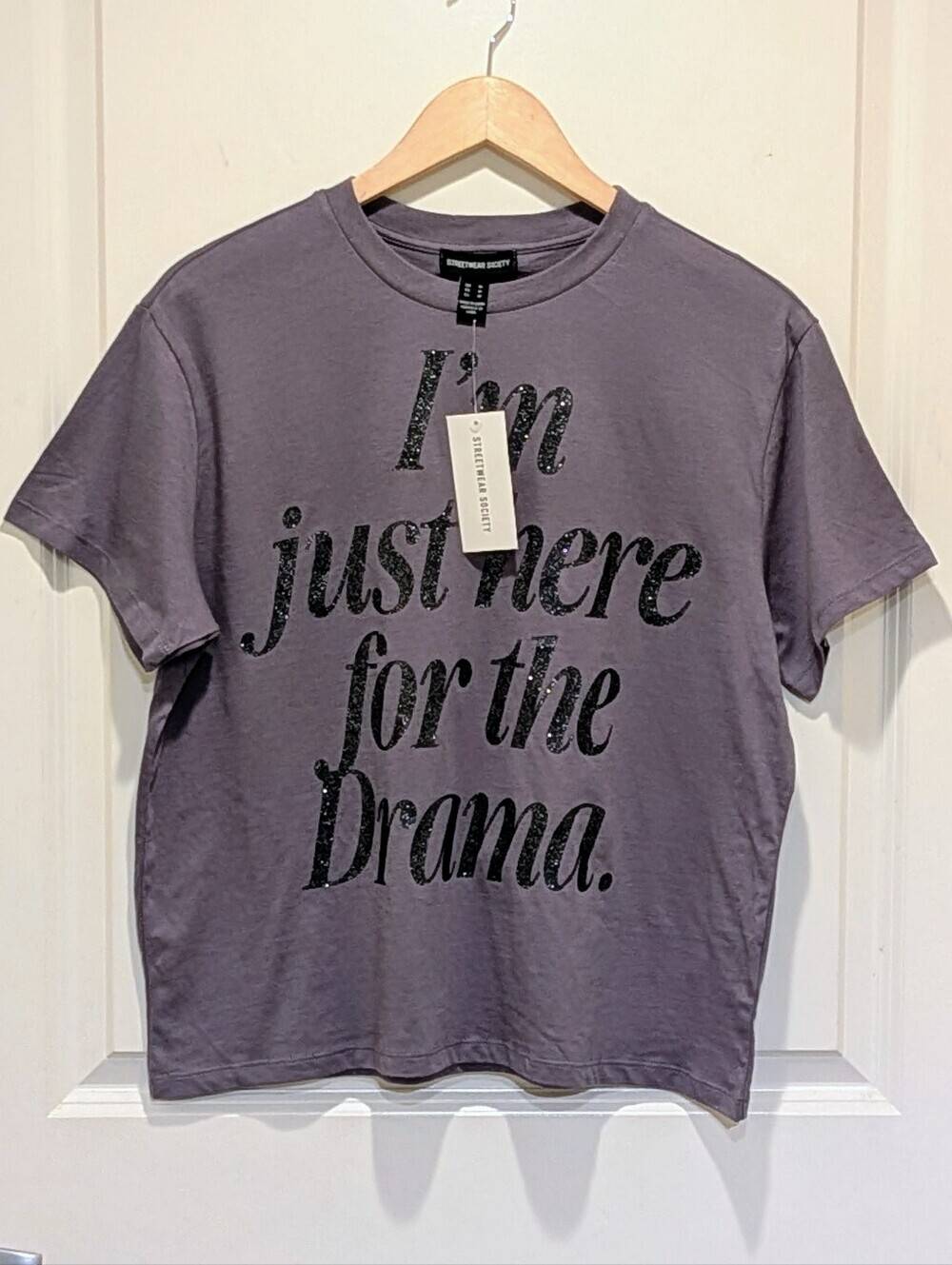NWT Streetwear Society M Grey Graphic Boxy "I'm Just Here For The Drama" Tee